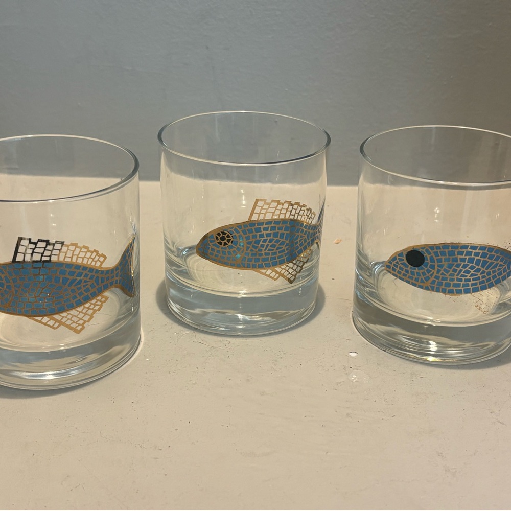 Vintage MCM Couroc Of Monterey mosaic blue gold fish Whiskey bar Glasses set/3